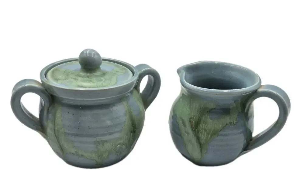 Signed Pottery Blue/Green Creamer Sugar 3.5